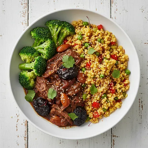 Moroccan Beef & Prune with Broccoli & Saffron Bulgur